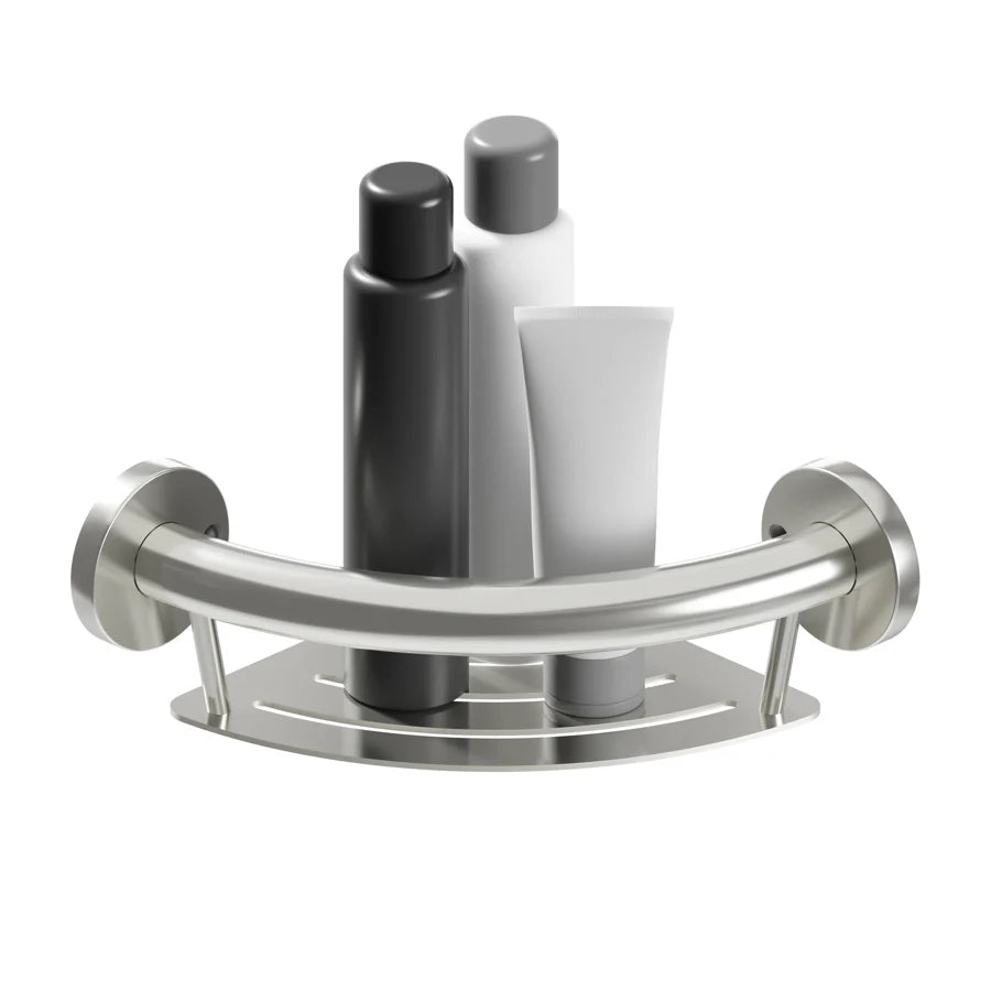 Metal wall-mounted shower caddy with bottles on a white background