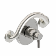 Stainless steel wall-mounted grab bar and faucet on a white background