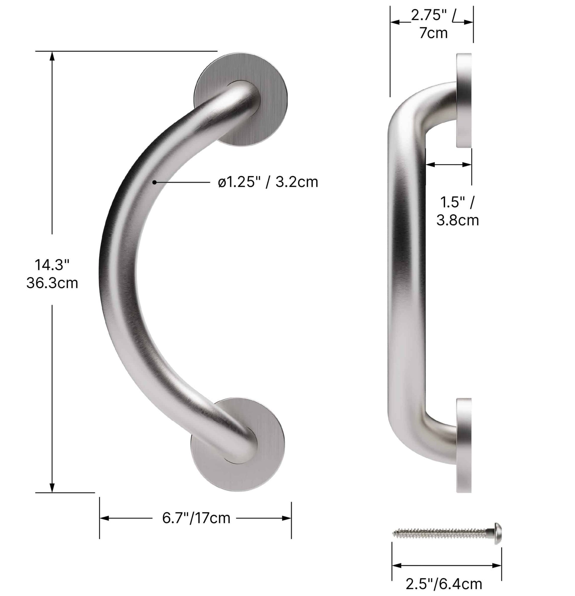 Measurement chart of a stainless steel grab bar with dimensions labeled.