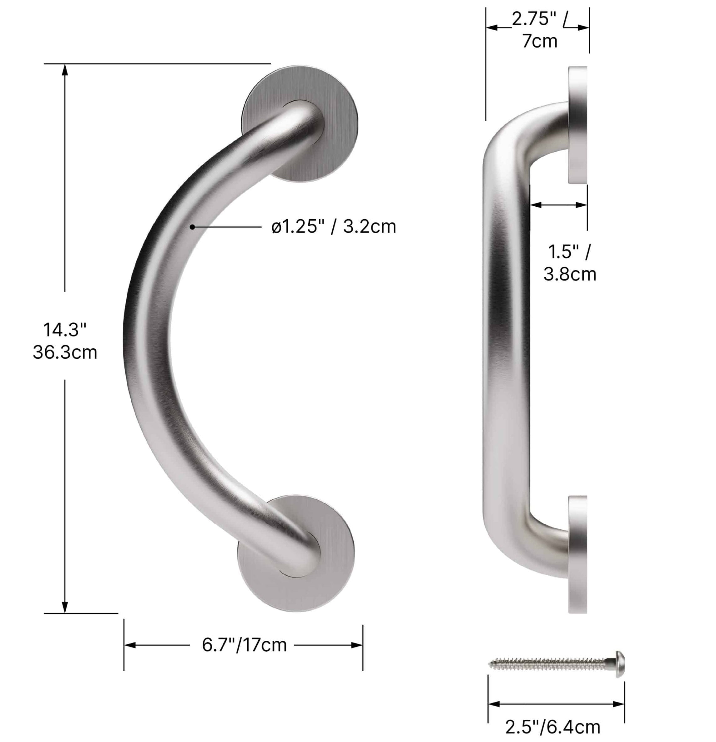 Measurement chart of a stainless steel grab bar with dimensions labeled.