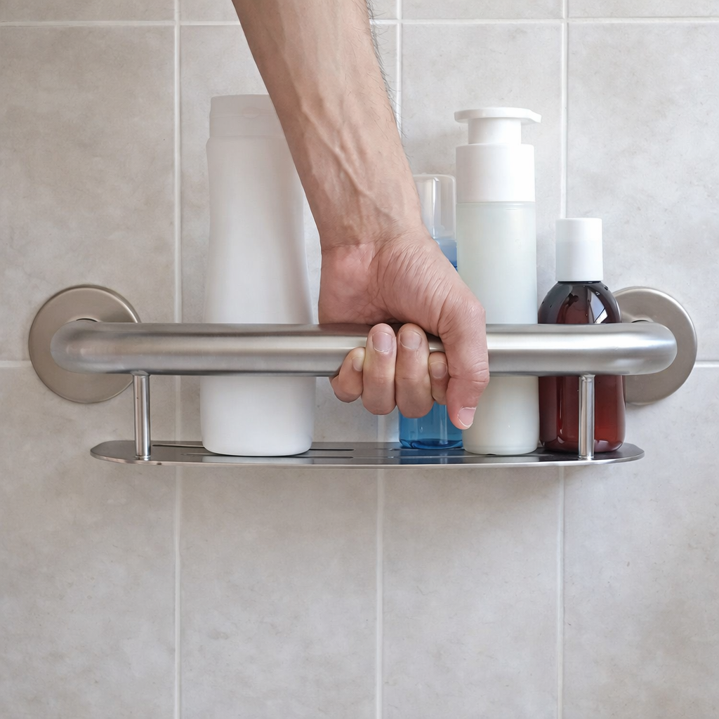 Hand holding a metal grab bar with toiletries on a tiled wall