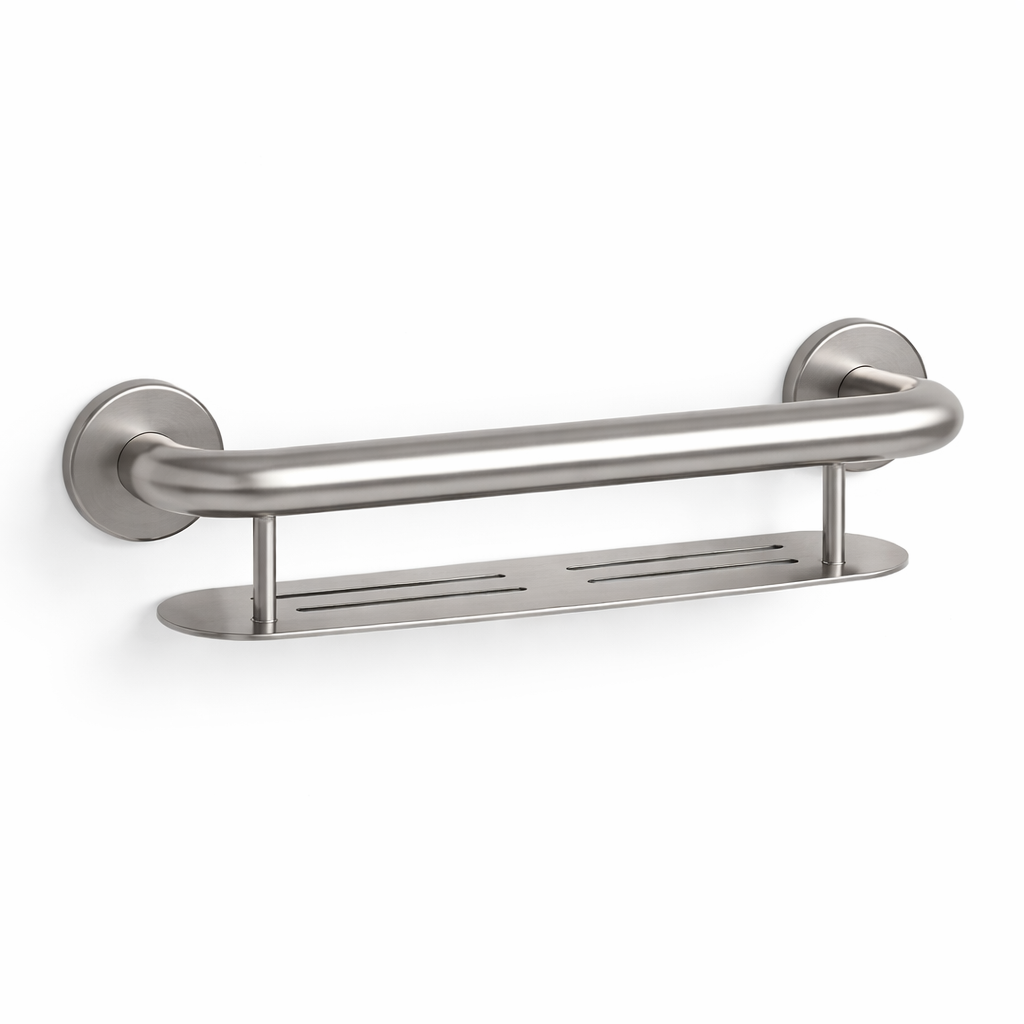 Stainless steel grab bar with shelf on a white background