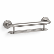 Stainless steel grab bar with shelf on a white background