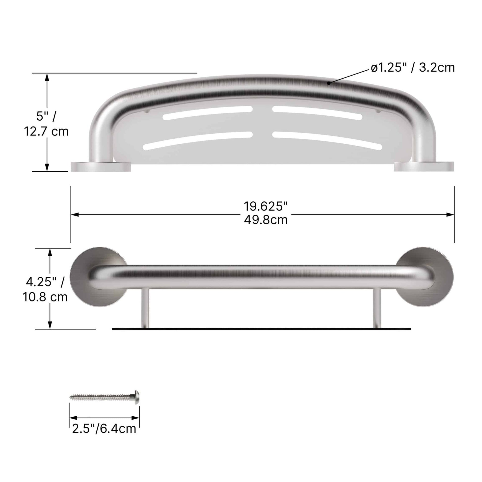 Measurement chart of a bathroom grab bar with dimensions labeled.
