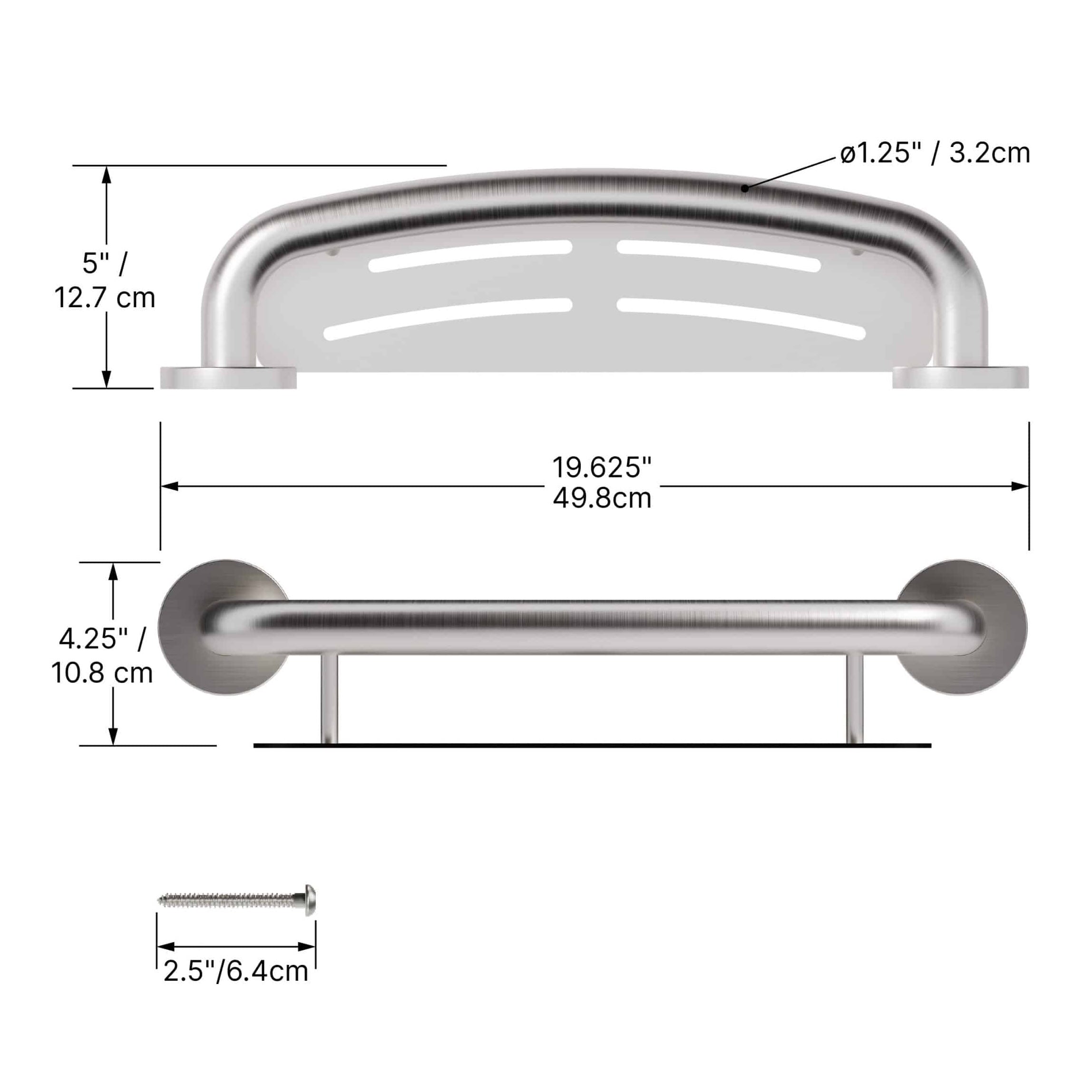 Measurement chart of a bathroom grab bar with dimensions labeled.