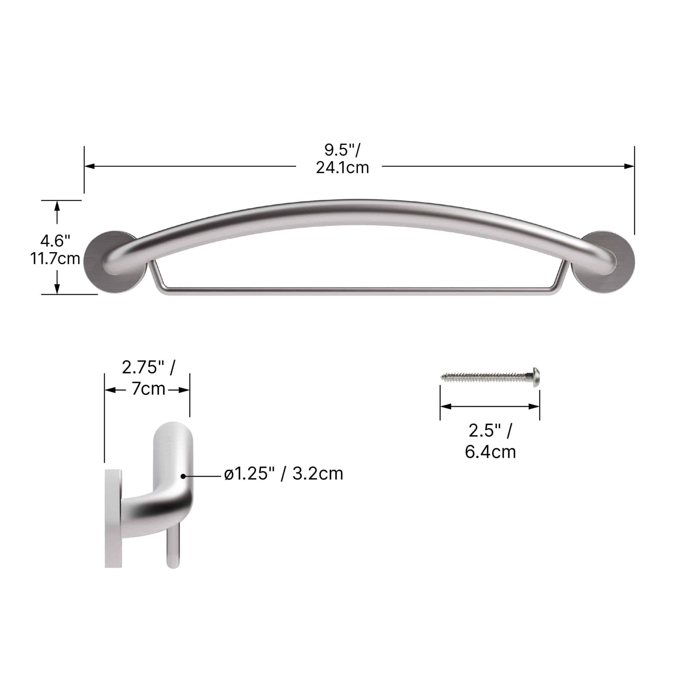 Measurement chart of a stainless steel grab bar with dimensions labeled.