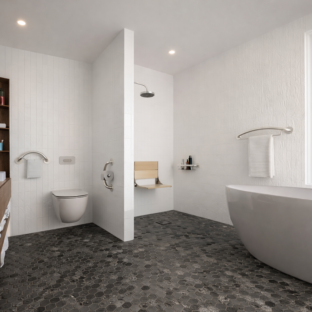Modern bathroom with a freestanding bathtub, toilet, and shower area.