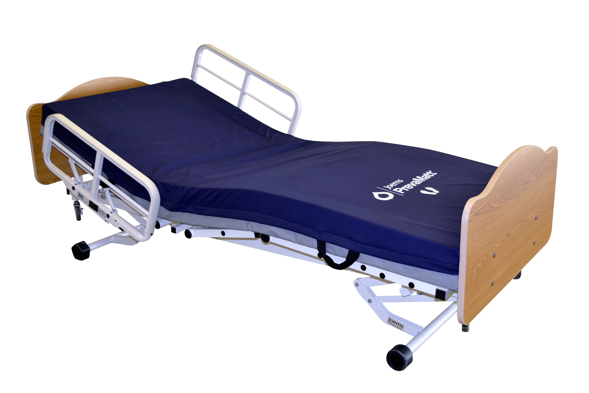 Hospital bed with a blue mattress on a white background