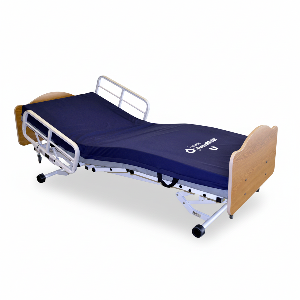Hospital bed with wooden sides and a blue mattress on a white background