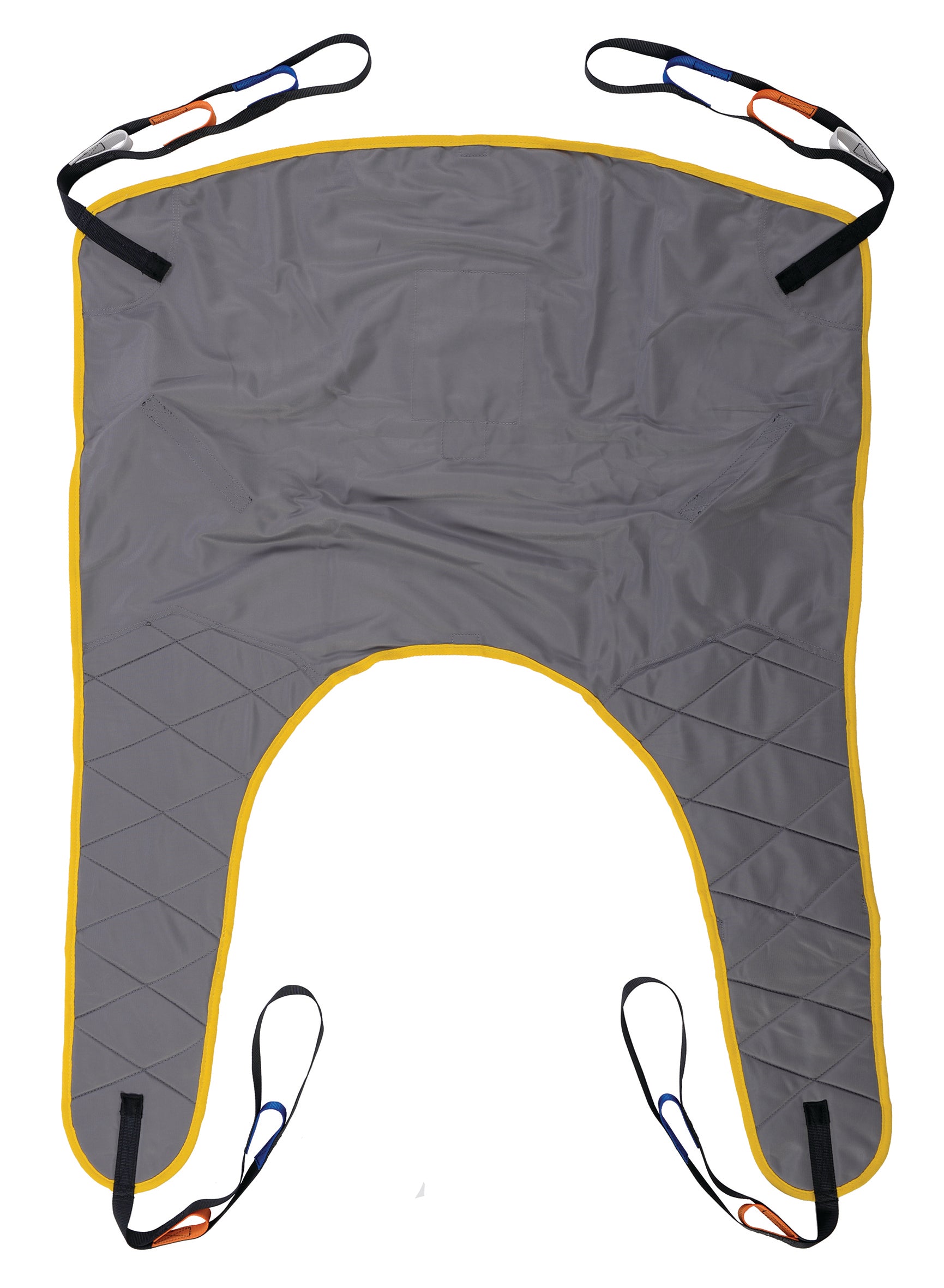 Gray sling with yellow trim and colorful straps on a white background