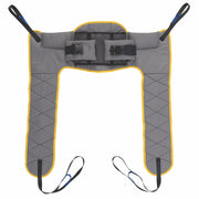 Gray and yellow sling for patient lift with black straps on a white background