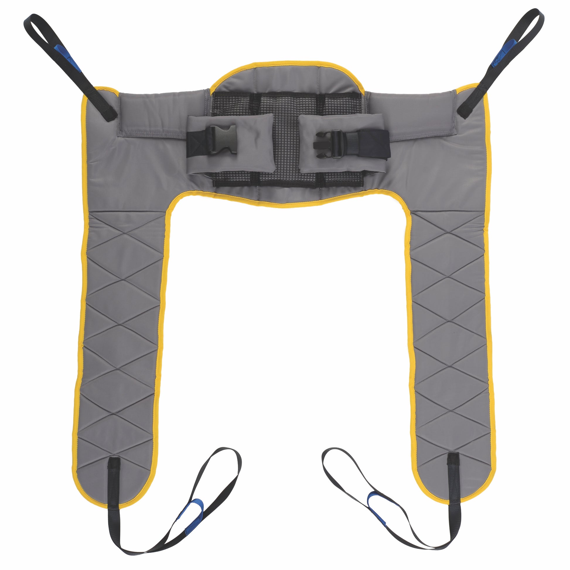 Gray and yellow sling for patient lift with black straps on a white background