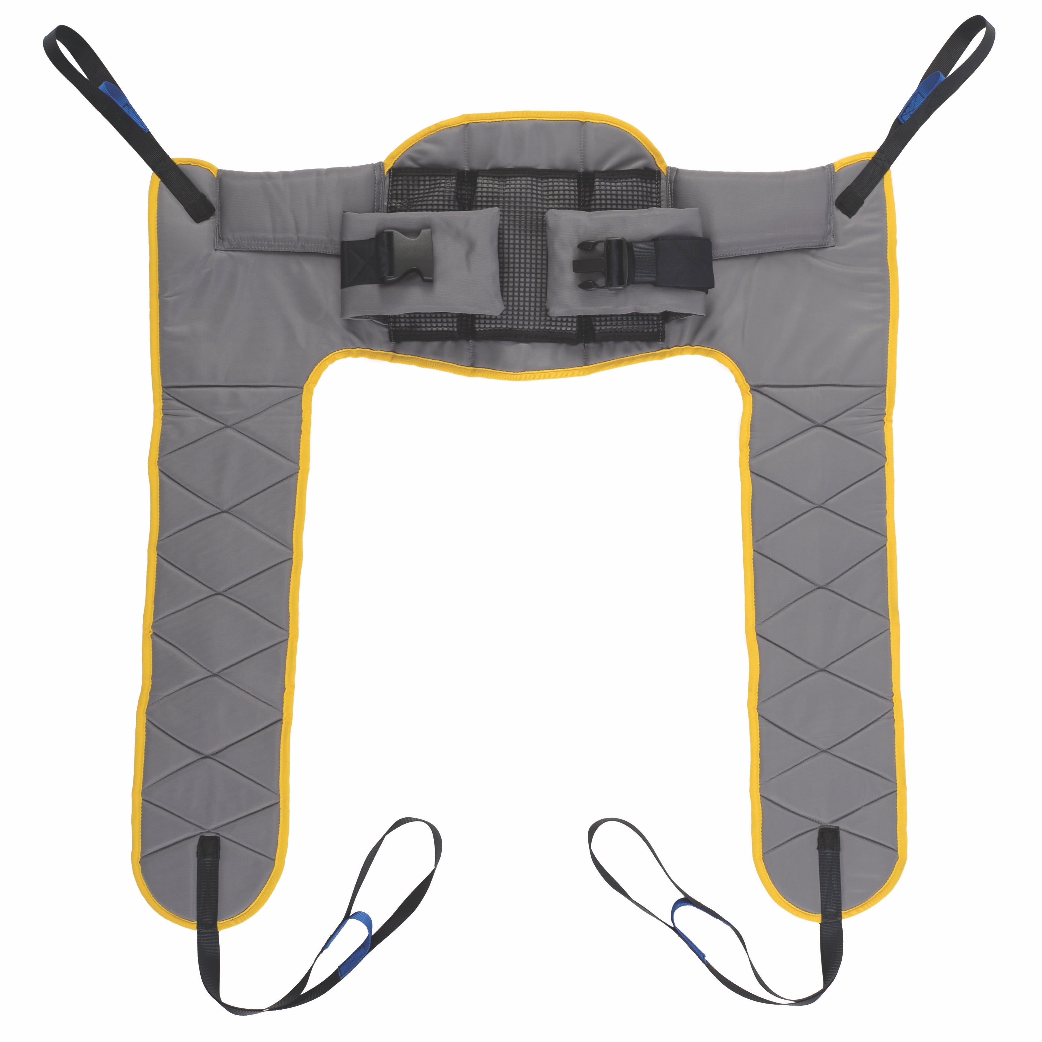 Gray and yellow sling for patient lift with black straps on a white background