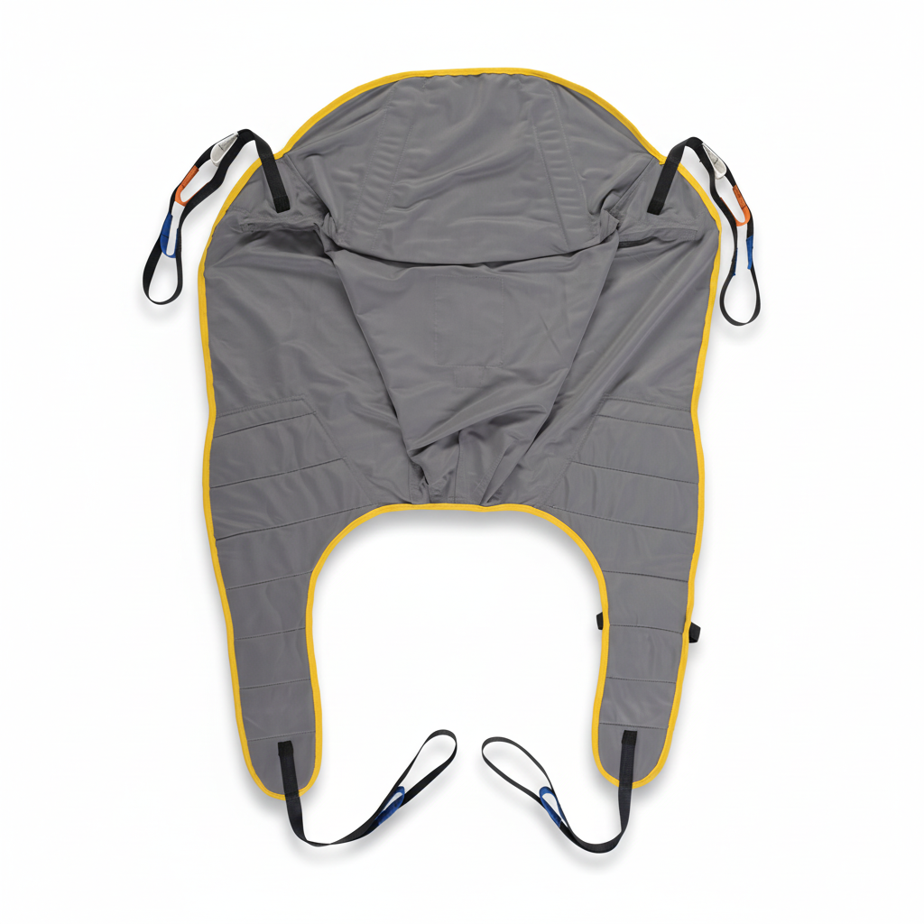Gray sling for patient lift with yellow trim on a white background