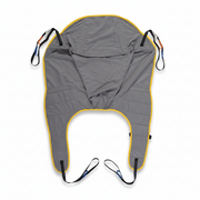 Gray sling for patient lift with yellow trim on a white background
