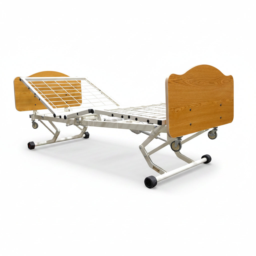 Hospital bed with wooden head and footboards on a white background