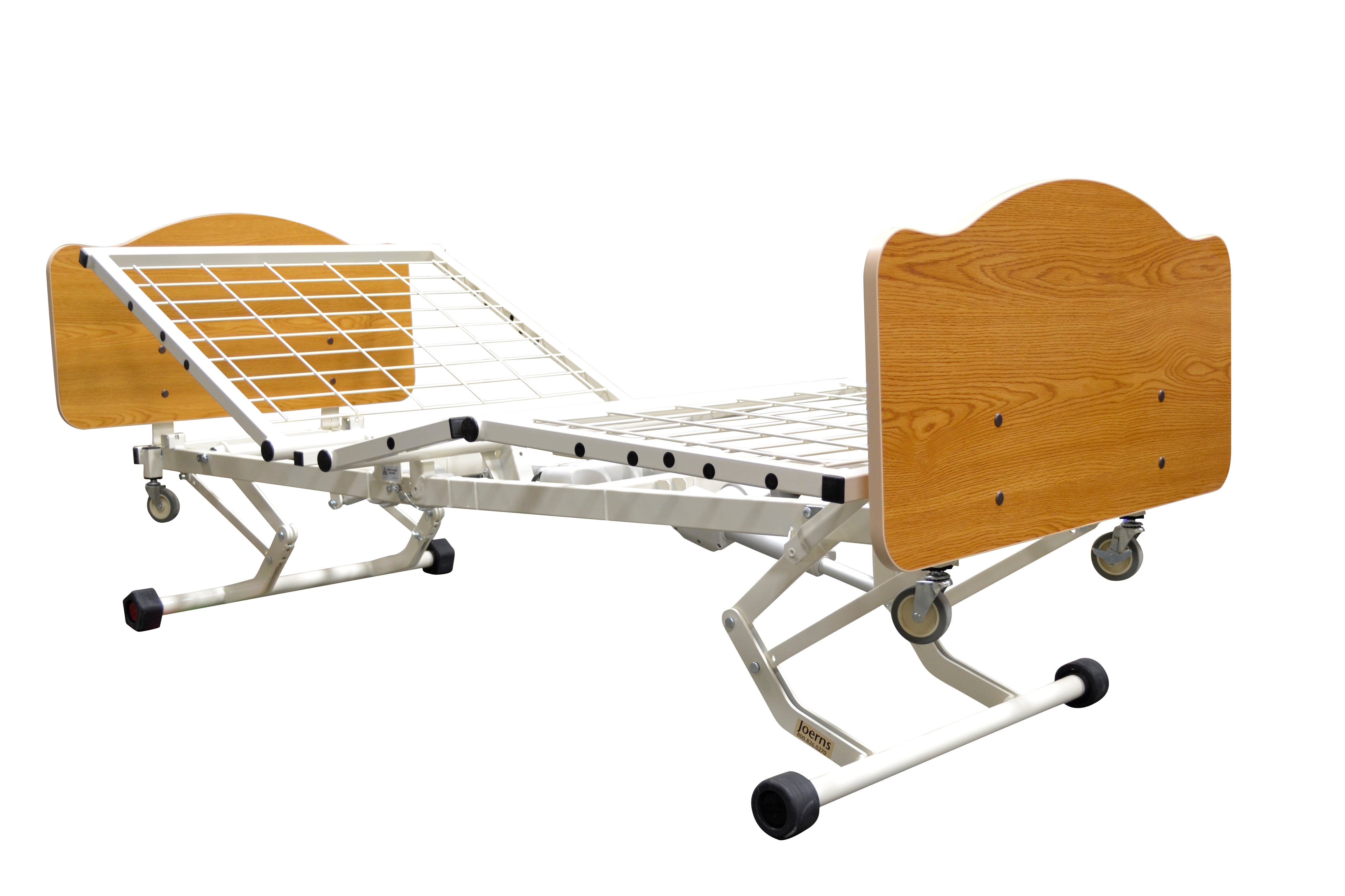 Hospital bed with wooden head and footboards on a white background