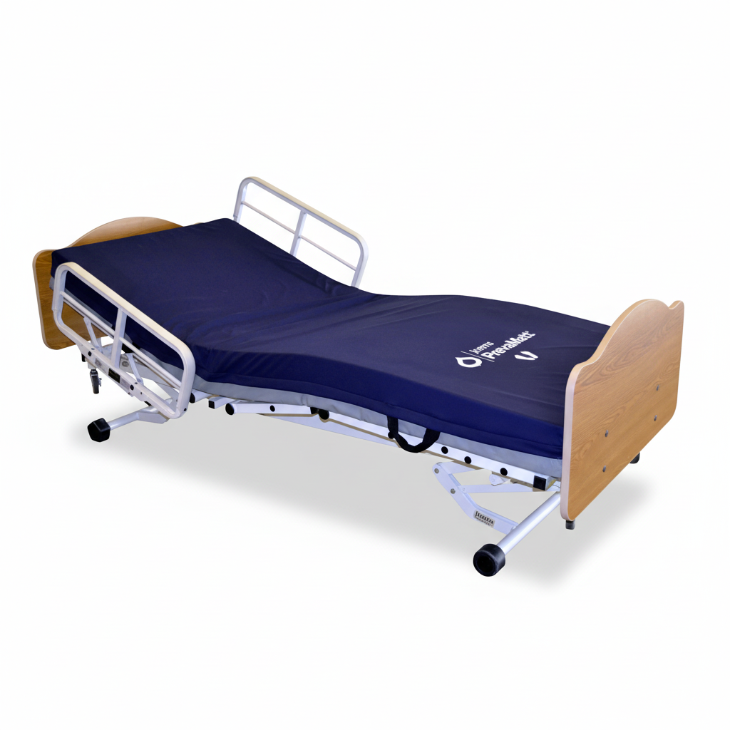 Hospital bed with a blue mattress on a white background