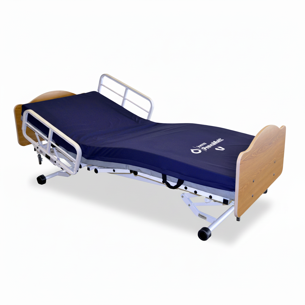 Hospital bed with a blue mattress on a white background
