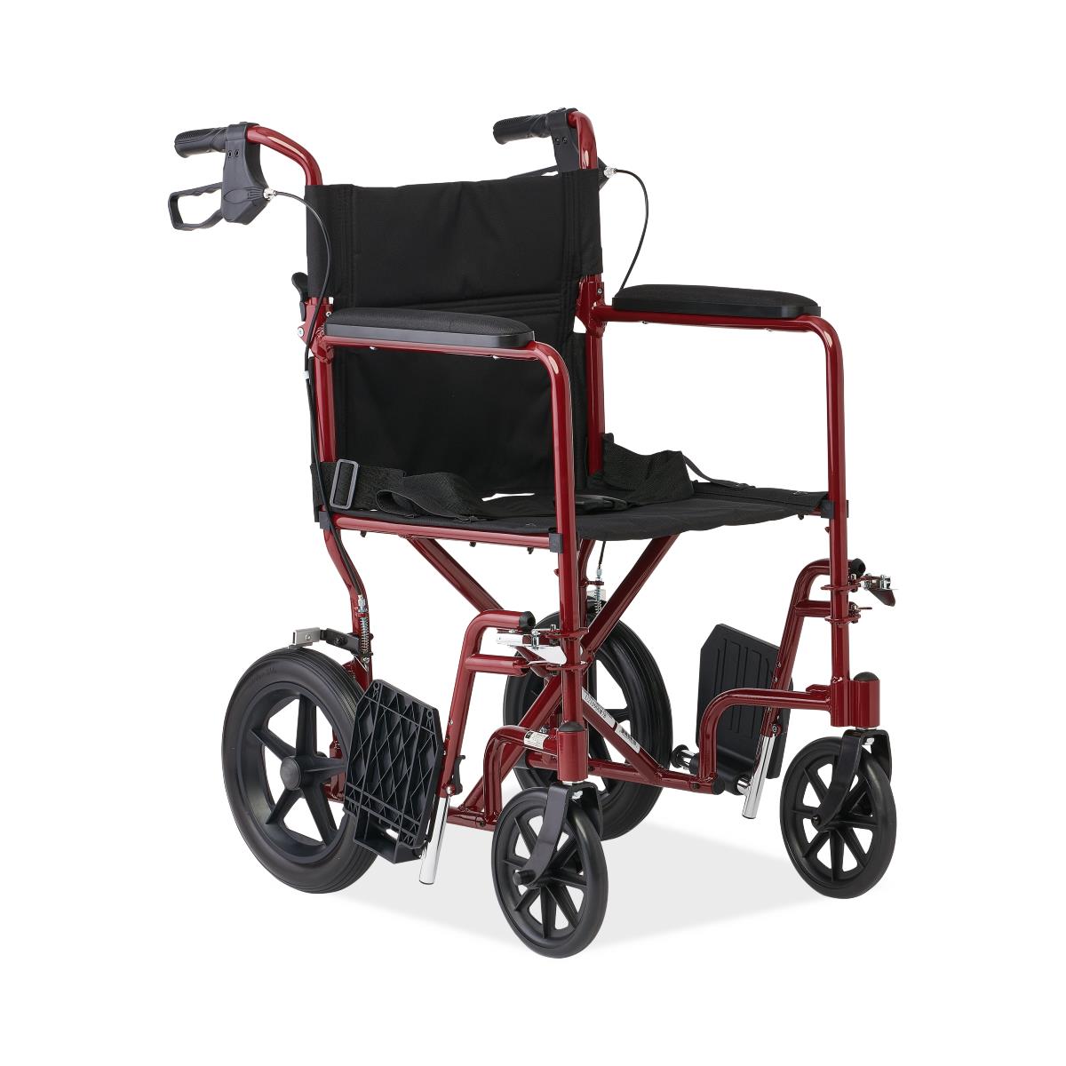 Red and black wheelchair on a white background