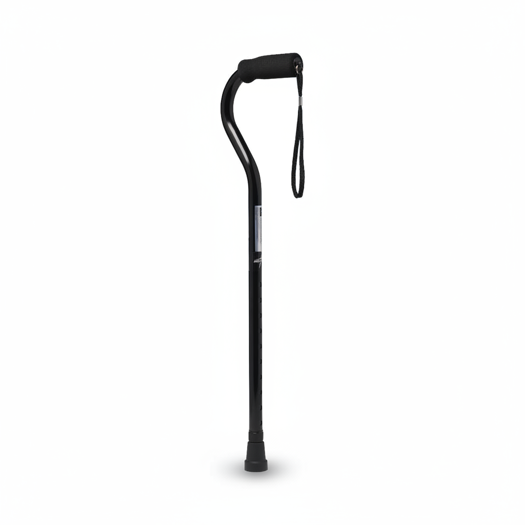 Black walking cane with adjustable handle on a white background
