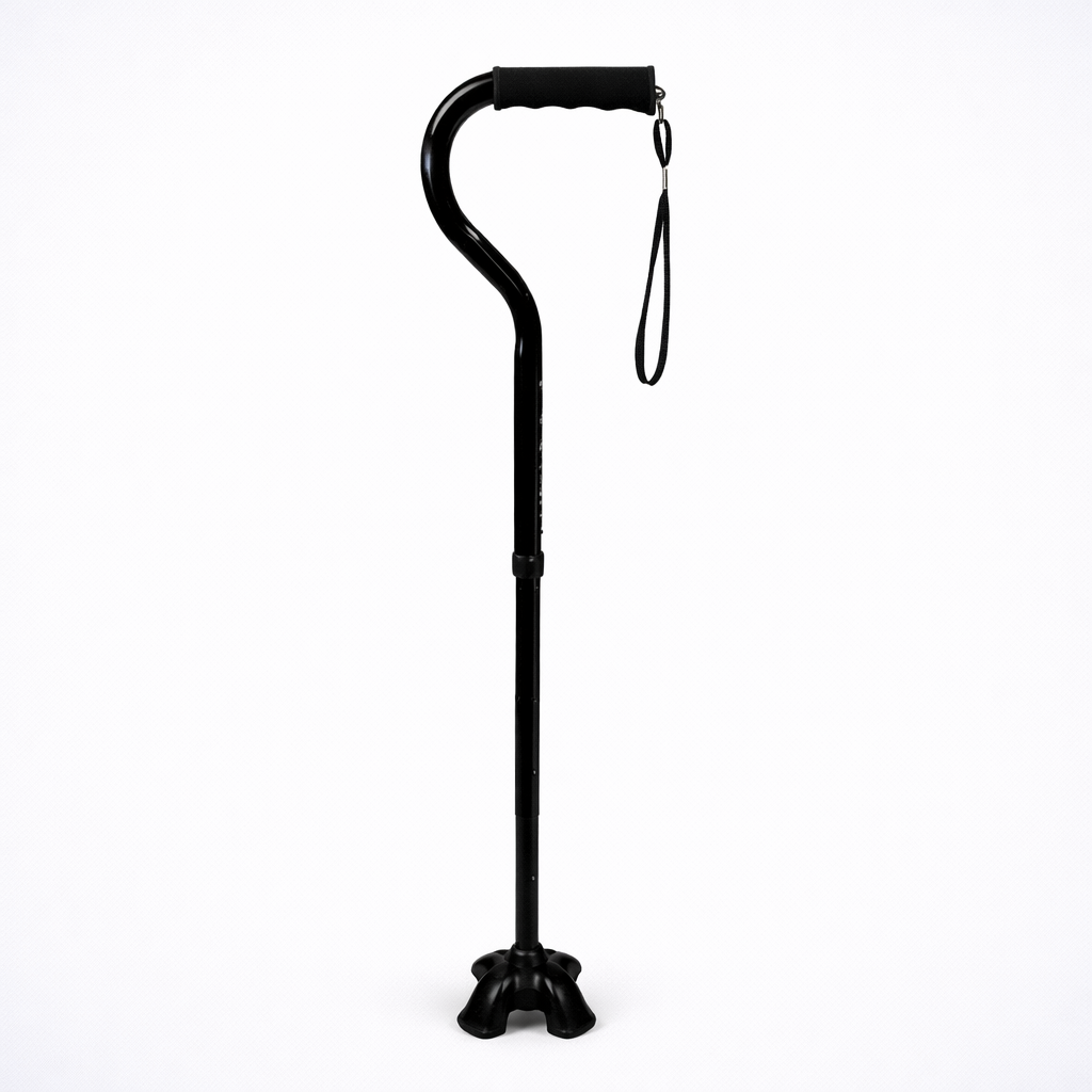 Black walking cane with a wrist strap on a white background
