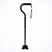 Black walking cane with a wrist strap on a white background