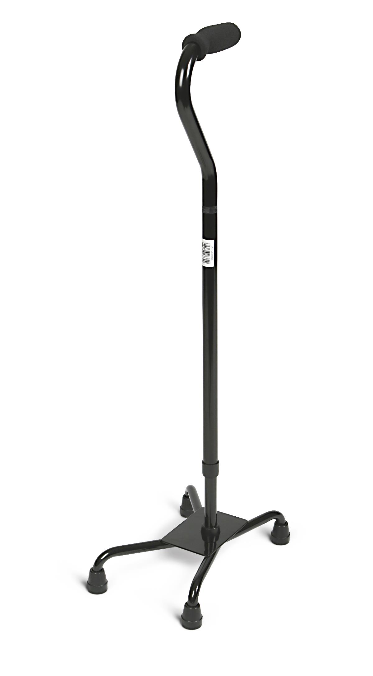 Black adjustable quad cane on a white background