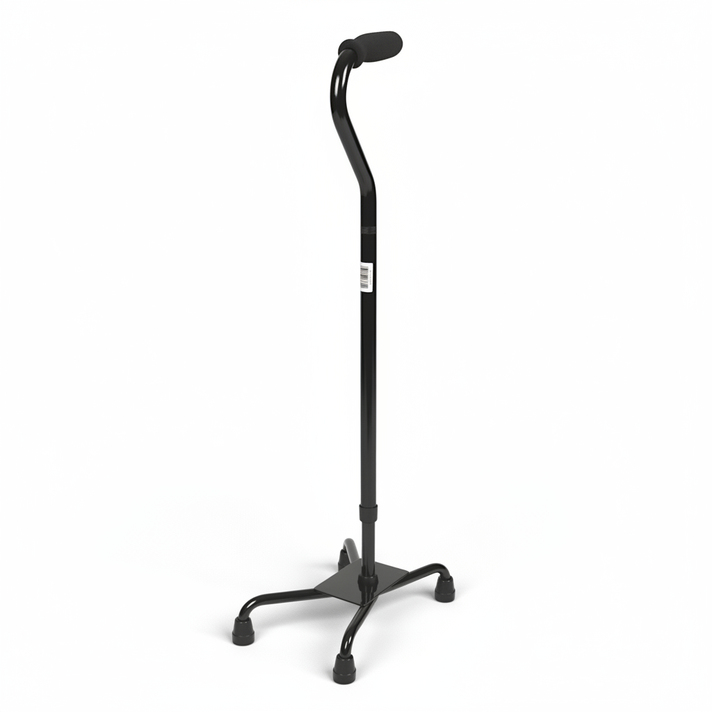 Black quad cane stand on a white background