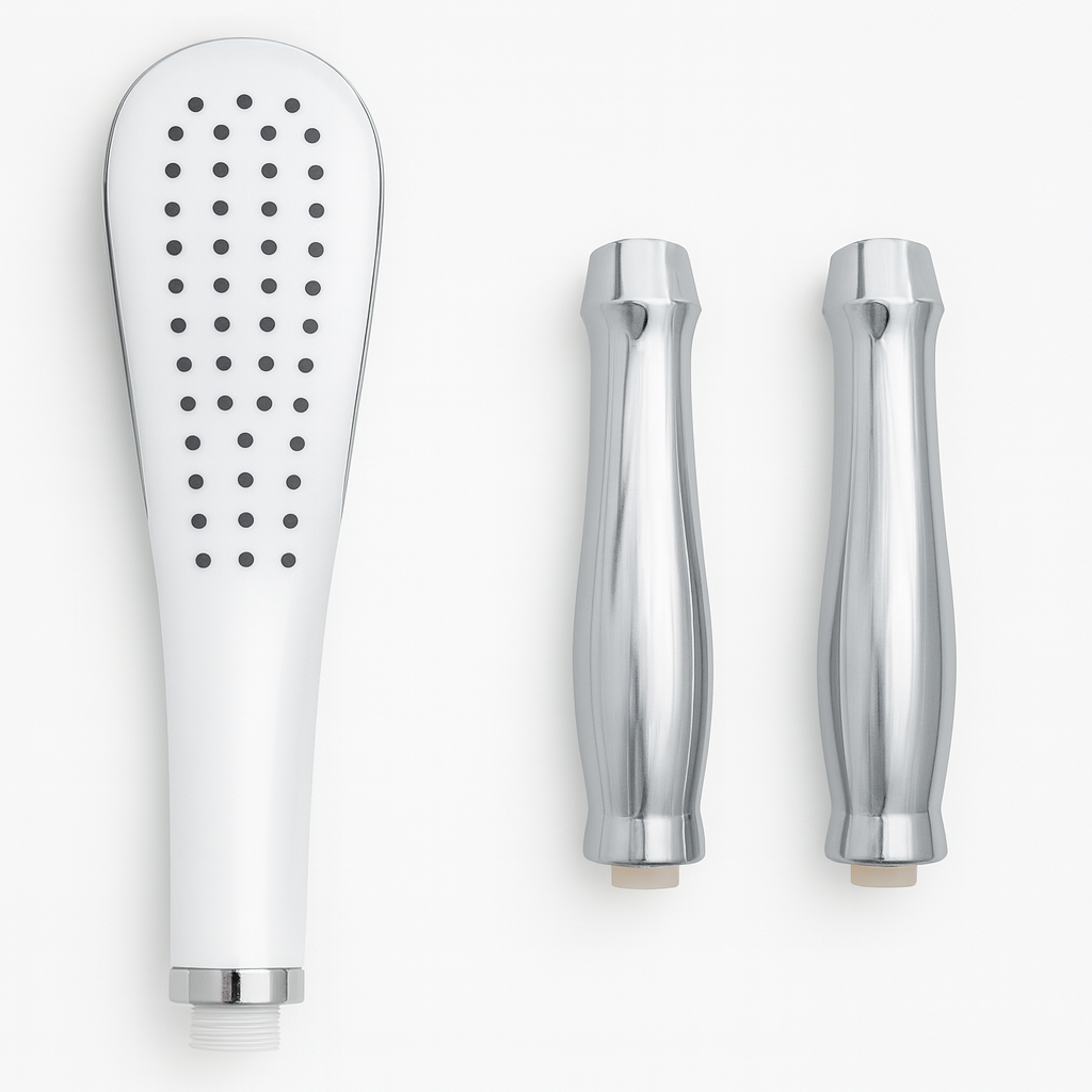 Set of shower head and handles on a white background