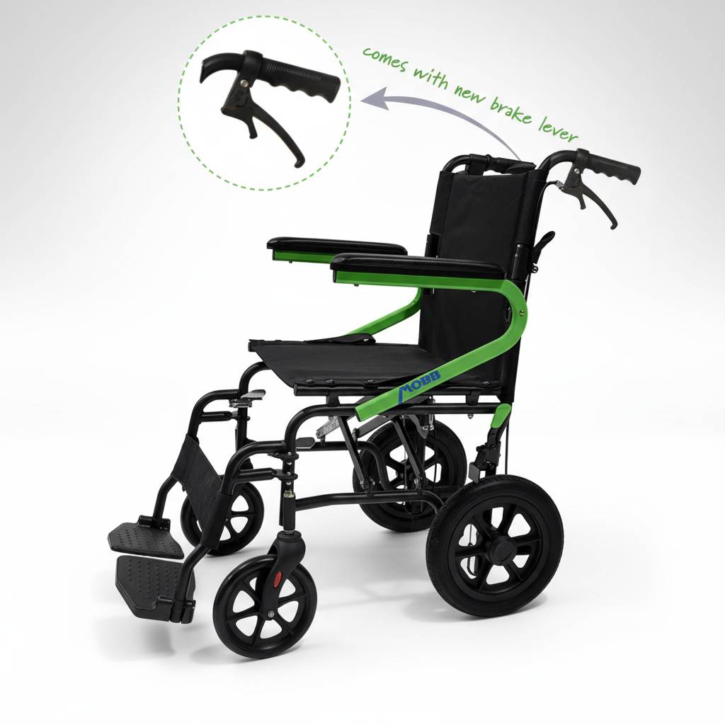 Black and green wheelchair with brake lever highlighted on a white background