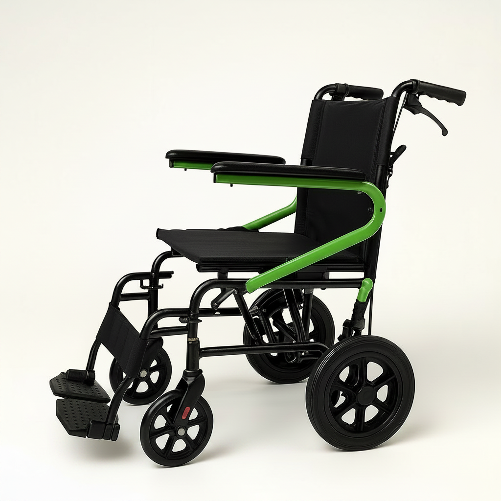 Black and green wheelchair on a white background