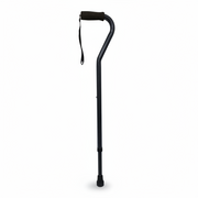 Black walking cane with wrist strap on a white background
