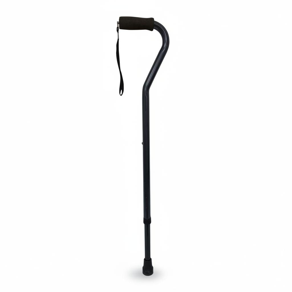 Black walking cane with wrist strap on a white background