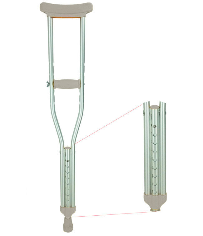 Pair of crutches with a close-up inset on a white background