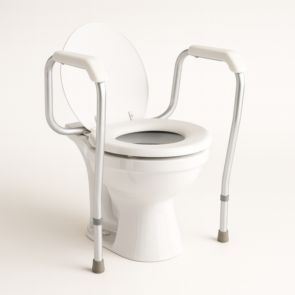 White toilet with a support frame on a white background