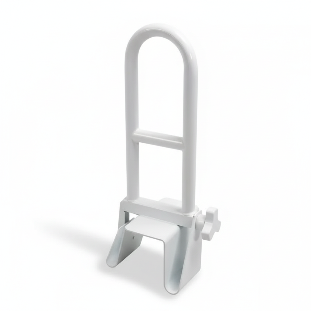 White bath tub inverse rail stand with curved handle on a white background