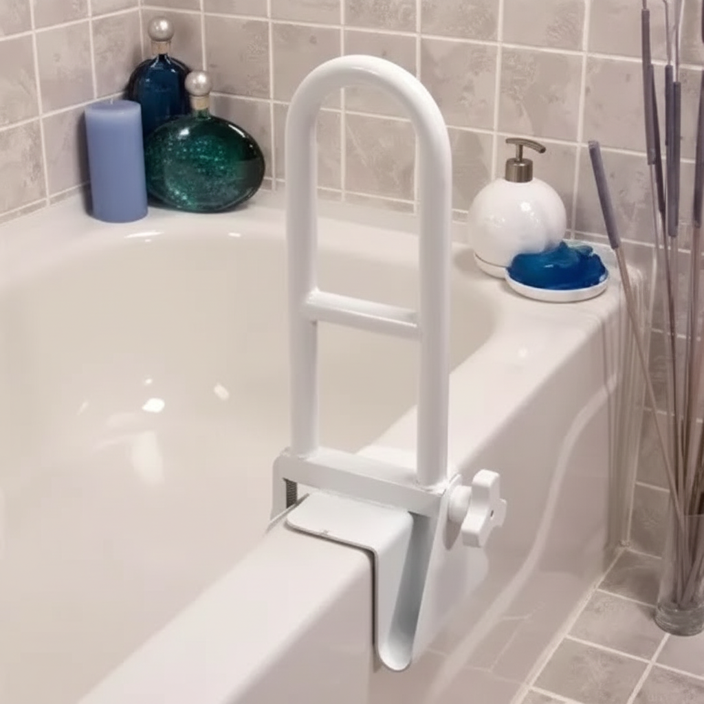 White bathtub safety rail mounted on a tiled bathroom wall with various items around.