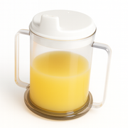 Clear glass mug with handle filled with orange juice on a white background