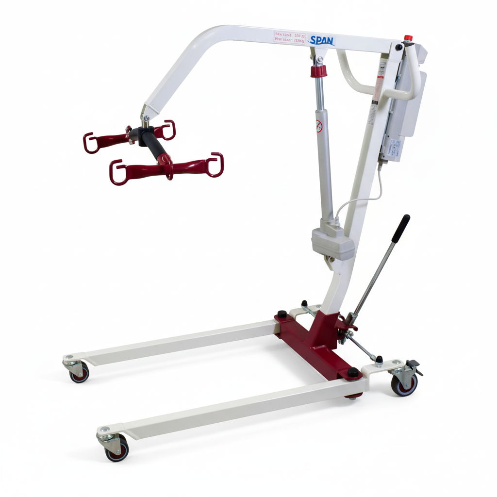 Foldable Portable Patient Lift White and red mechanical lifting device on a white background