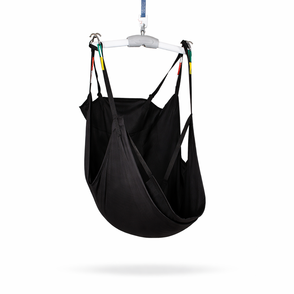 Black patient lift sling with straps on a white background