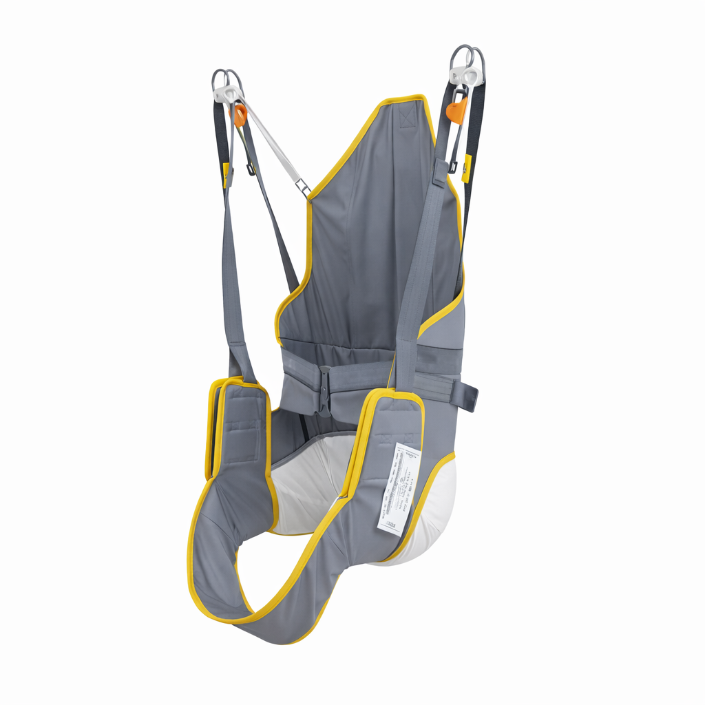 Gray and yellow safety harness on a white background
