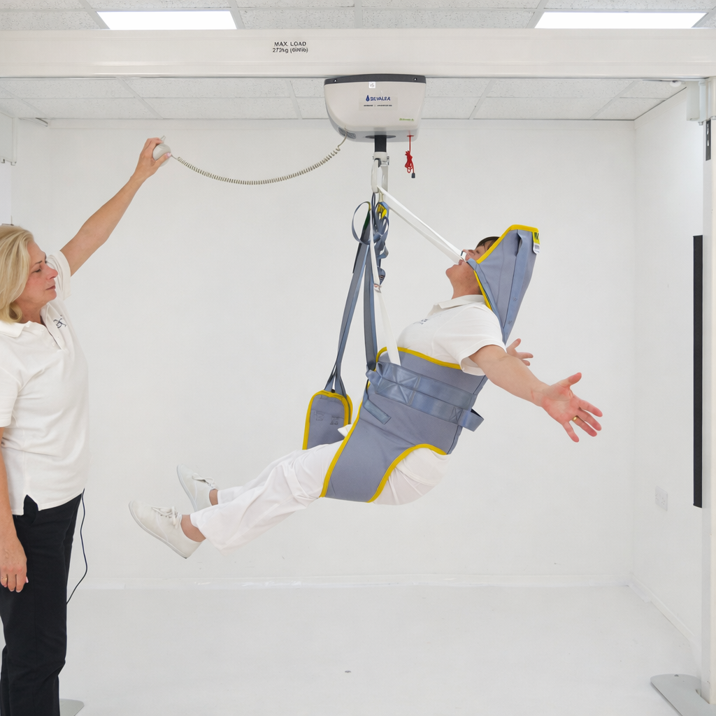 Person in a harness being lifted by a hoist system in a clinical setting.