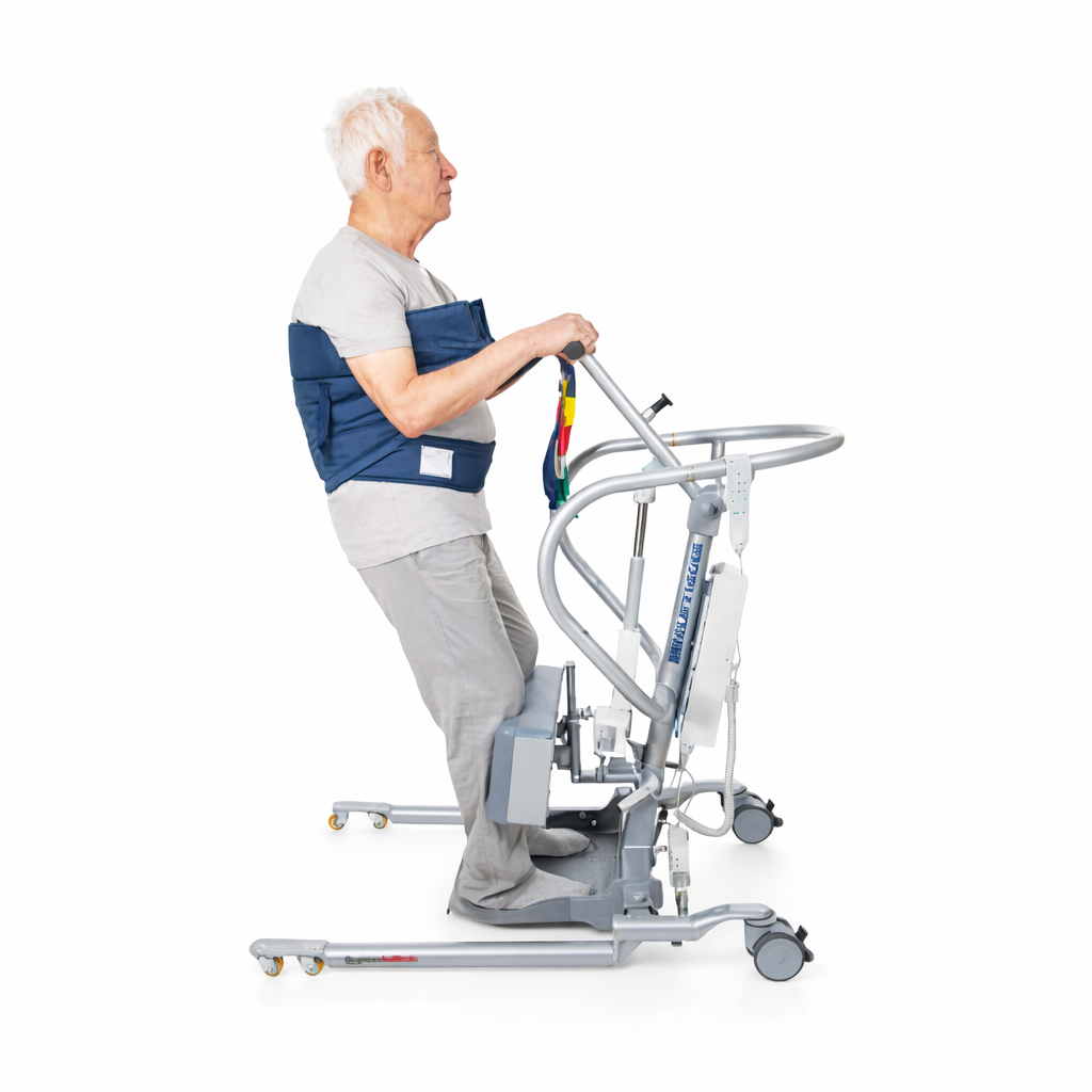Man using a medical lift chair on a white background
