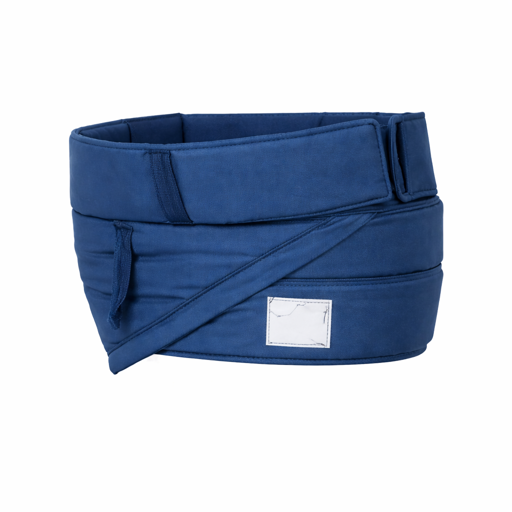 Blue waist belt  for stand aid sling with a white label on a white background 