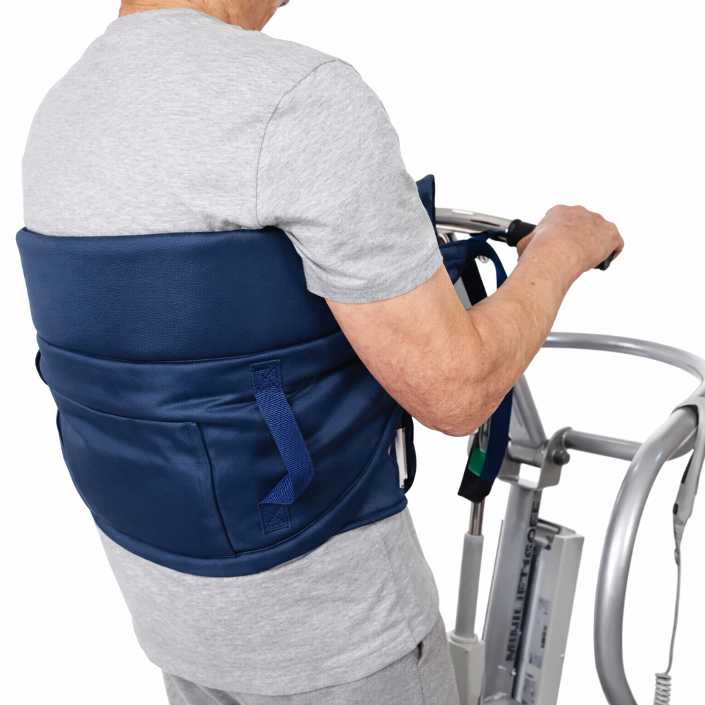 Person using a stand lift with a blue sling support on a white background