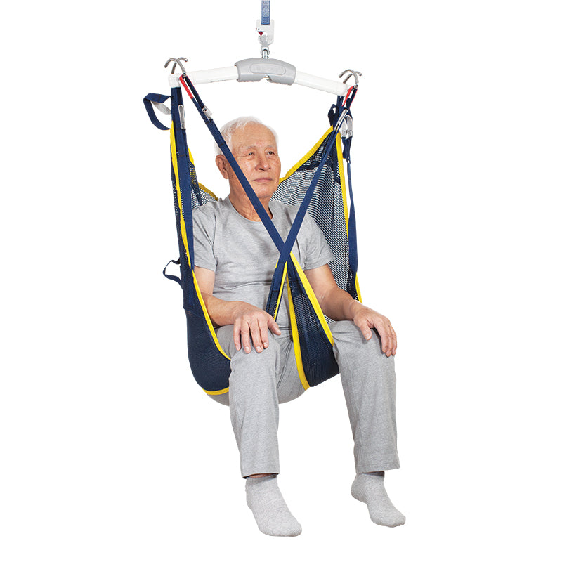 Man using a medical suspension harness on a white background