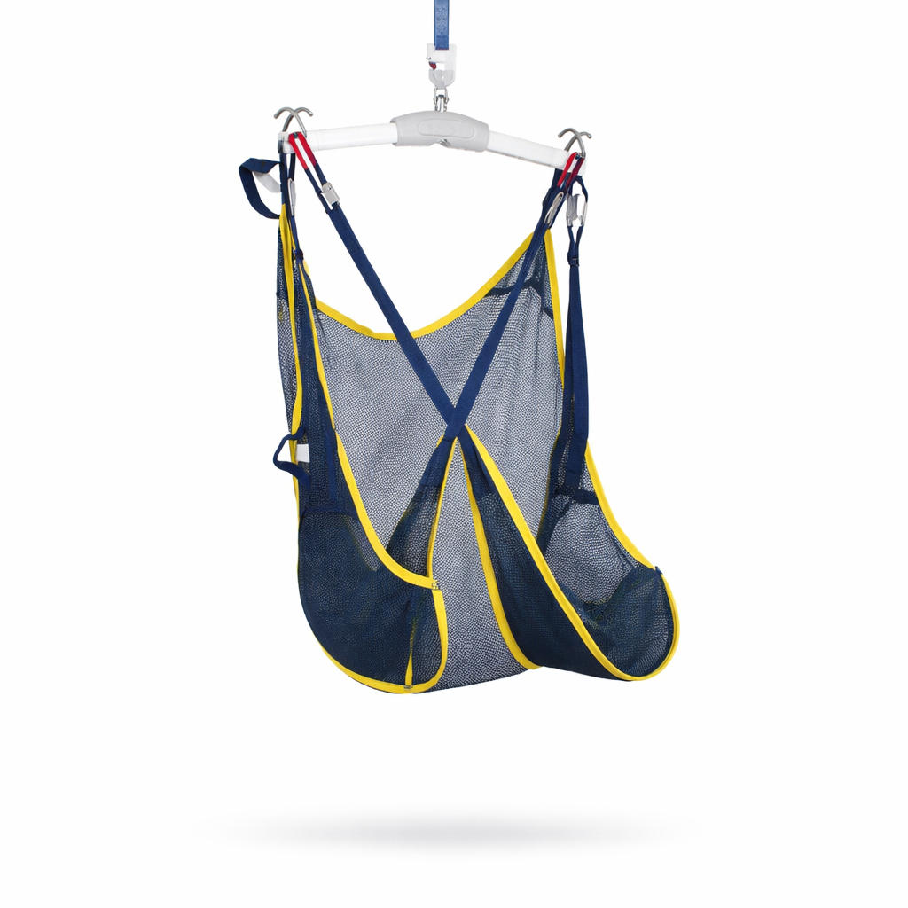 Blue and yellow sling and lift on a white background