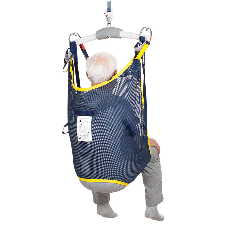 Person using a blue mesh lift chair with yellow accents on a white background