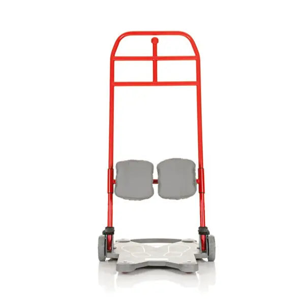 A Red manual sit-to-stand and transfer aid with a gray seat on a white background